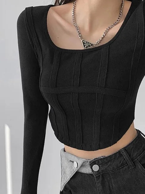 Y2k T-shirt Girls Crop Tops 2025 Spring Women Long Sleeve O Neck Cotton Shirts Bustier Harajuku Pullover Streetwear