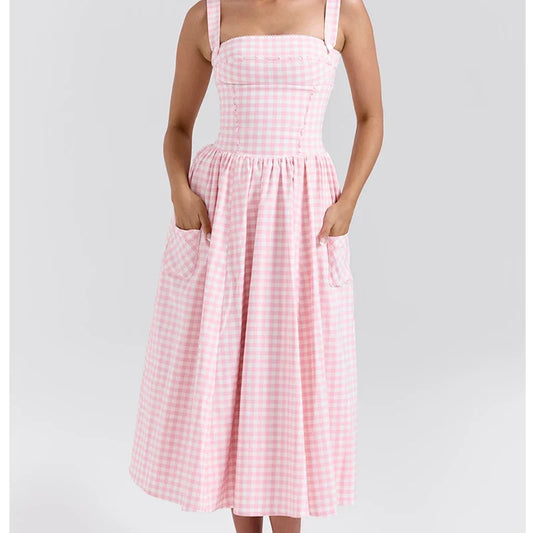 Sexy Sleeveless Plaid Fit and Flare Maxi Dress