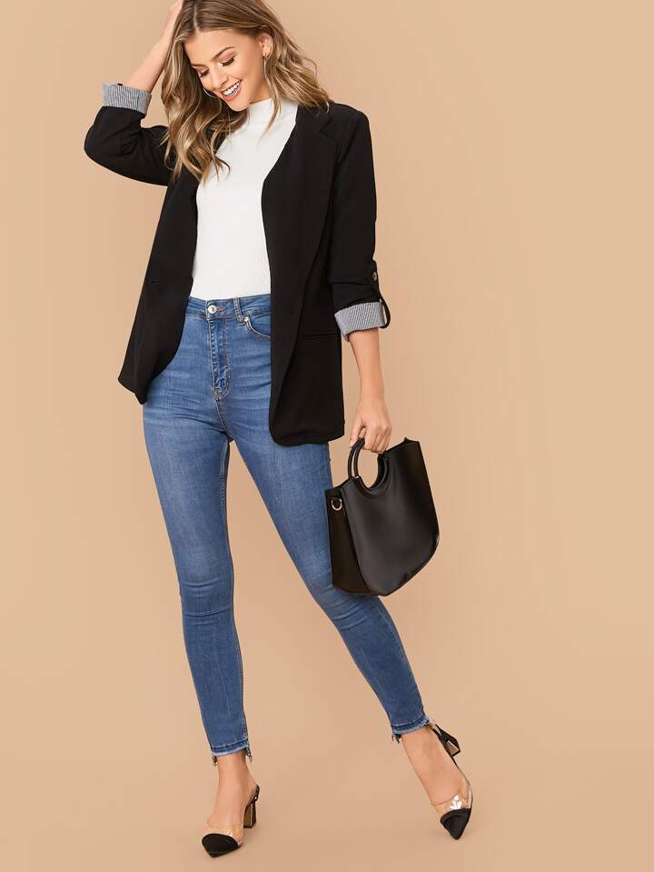 Lapel Notch Collar Roll Tab Sleeve Blazer