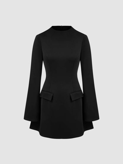 High Neck Solid Long Sleeve Mini Dress