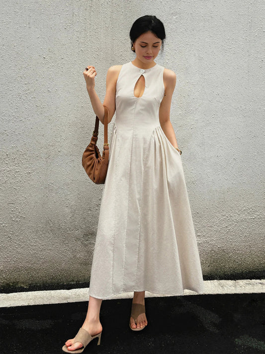 Cotton & Linen Pleated Cutout Long Dress