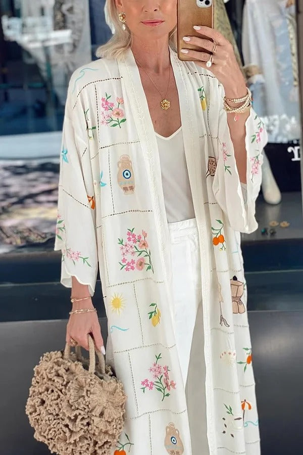 Sunday Stroll Unique Plaid Print Long Sleeve Midi Cover Up