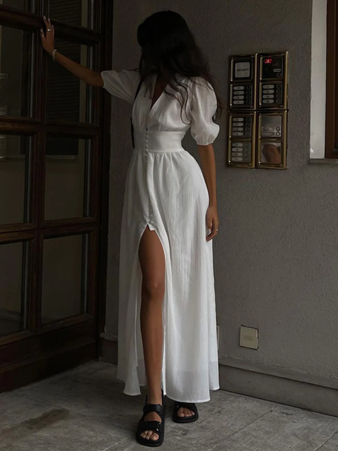 Bubble Sleeves Frenchy Button Split Long Dress