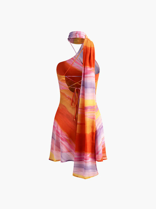 Semi-Sheer Halter Backless Tie Dye Short Dress