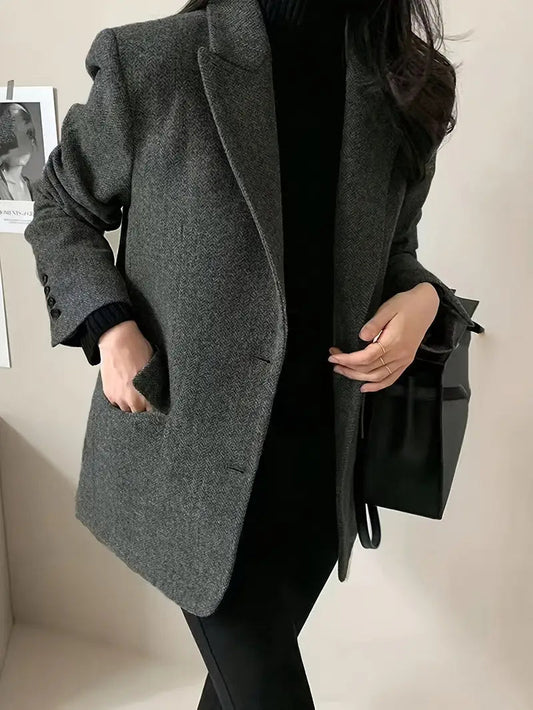 Chic Retro Herringbone Fleece-Blend Blazer