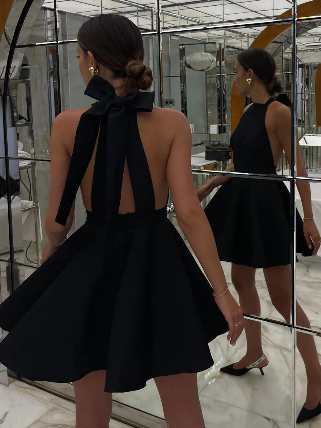 Satin Knotted Double Pockets Open Back Pleated Mini Dress