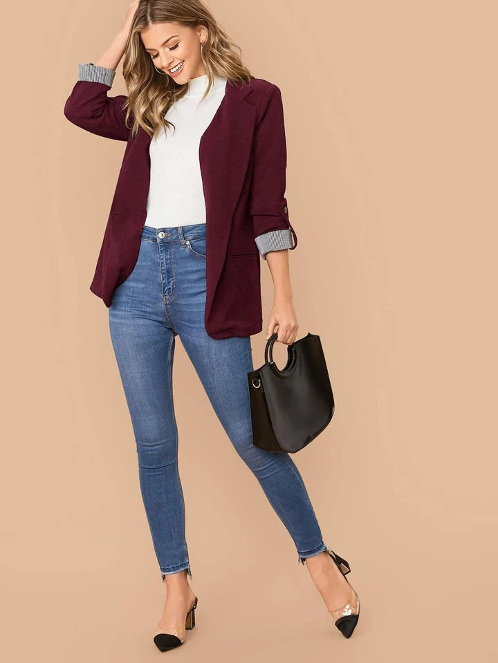 Lapel Notch Collar Roll Tab Sleeve Blazer